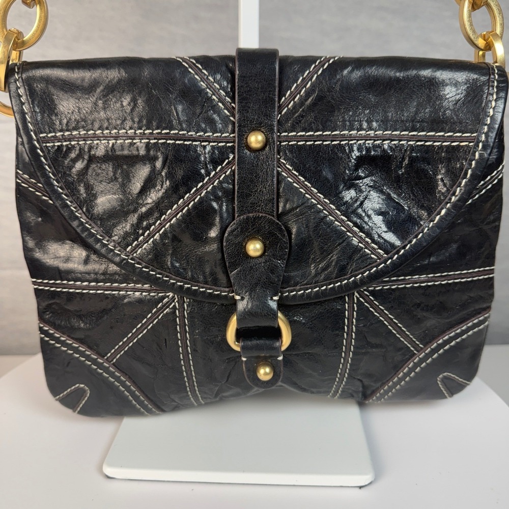 Tracy Reese‎ Black Leather Gold Chain Shoulder Bag Y2K - Picture 4 of 14